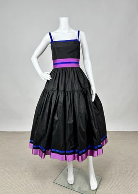 Vestido de baile Oscar de la Renta vintage de seda negro años 80 con ribete azul púrpura Foto 1 de 4