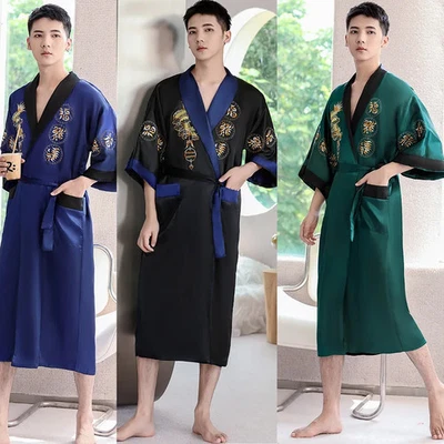 Reversible Men's Kimono Robe Bathrobe Vintage Chinese Embroider Dragon Sleepwear - Immagine 1 di 4
