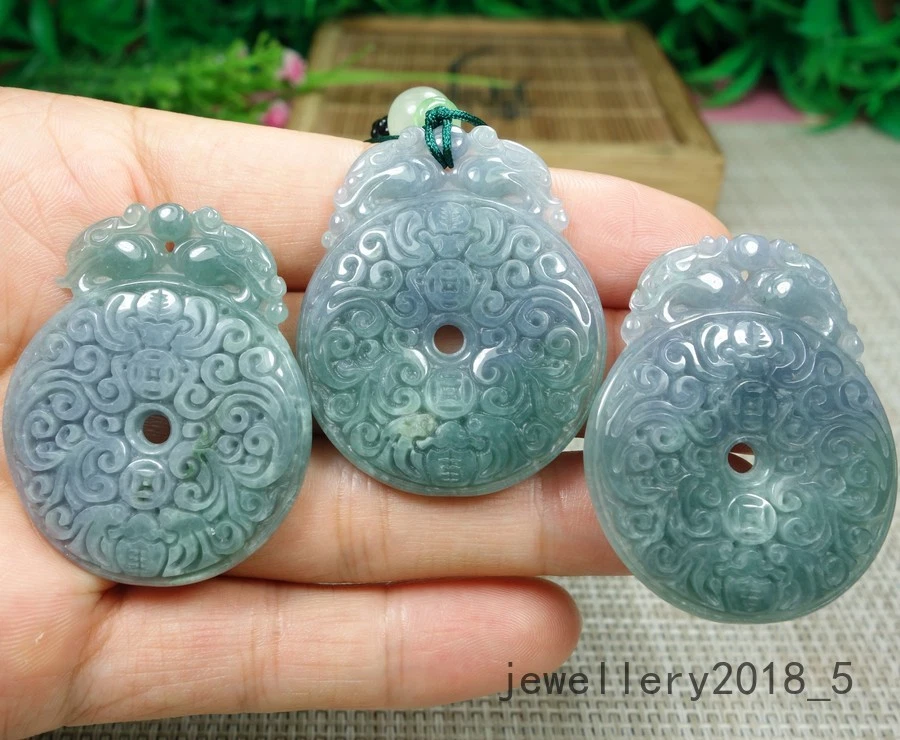 3Pcs Certified Lavender+Green 100% Natural A jadeite jade Pendant~双龙 福到 仿古平安扣 - Image 1 of 4
