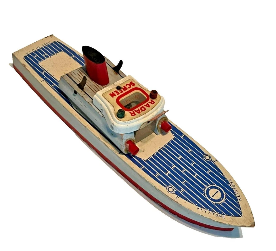 Cohete de radar Keystone de la Marina de los Estados Unidos con pantalla de radar barco de juguete de madera años 50 Foto 1 de 4