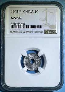 French Indo-China 1943 1 Cent France Vietnam Aluminum Coin 1 Year Issue NGC MS64 - Picture 1 of 2