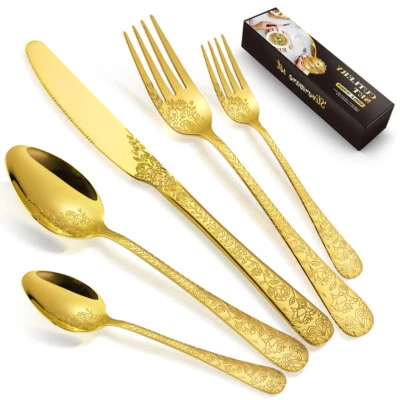Goldenes Edelstahl Besteck-Set 40 Stück für 8 Personen mit Gabel Löffel Messer - Bild 1 von 4