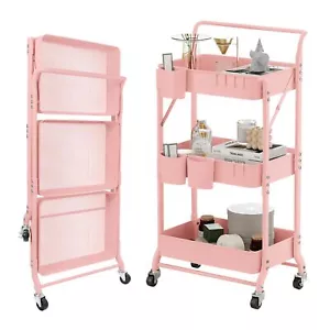 3 Tier Foldable Rolling Cart with Wheels Folding Utility Cart Organizer Colla... - Picture 1 of 8