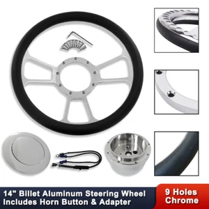 14" Split Tri Spoke Steering Wheel w/Smooth Horn Button& Adapter Chrome Aluminum - Picture 1 of 11