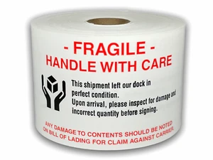 Large 3x5 Rd/Wh/Blk Fragile Inspect for Damage (Hands & Box) 1 RL/250 Labels P/R - Picture 1 of 3