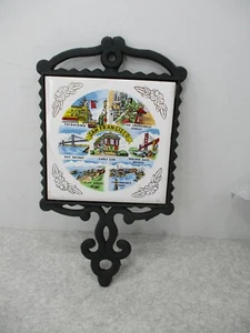 Vtg Cast Iron Round Metal Trivet Ceramic Tile San Francisco 9 3/8" x 5 1/8" - Picture 1 of 5