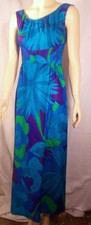 Vtg 70s McInerny By Sydney Honolulu Hawaiian Floral Dress 100% Acrylic Sz 8 Blue