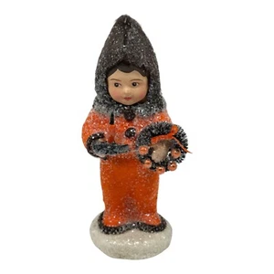 NEW 7” Halloween Girl Figurine Holding Wreath & Candle Retro Halloween~Felt~Mica - Picture 1 of 12
