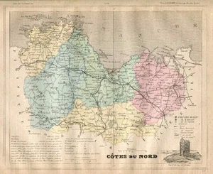 Genuino Original Antiguo 1877 Francia Coloreado a Mano Mapa COTES DU NORD Fra... - Imagen 1 de 2