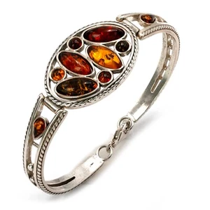 925 Solid Sterling Silver Multicolor Baltic Amber Designer Beautiful Bangle 7 in - Picture 1 of 3