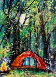 ORIGINAL ACEO Painting CAMPING Summer Tree Fireflies Night Stars Fun ATC ART - Picture 1 of 1