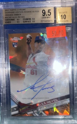 2017 Topps Chrome Orange Sapphire /25 Alex Reyes Rookie Auto Cardinals BGS 9.5 - Image 1 of 2