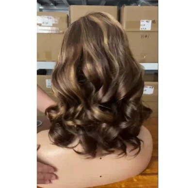 Short Wavy Highlight Blonde Brown Human Hair 4X4 Lace Front Wig - Image 1 of 4