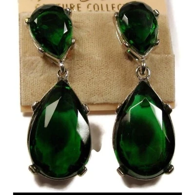 Kenneth Jay Lane Emerald-Color Teardrop Silver Clip Earrings - Image 1 of 4