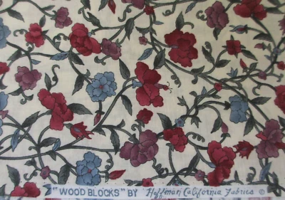 OOP Hoffman Woodblocks Cotton Fabric ~ Red and Blue Flowers ~ BTY - Image 1 of 3