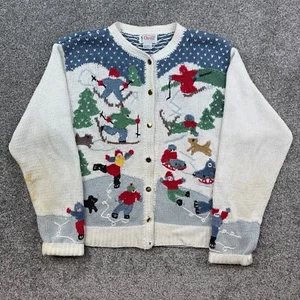 Vintage Orvis Cardigan Sweater Womens Large White Ice Skating Winter Chunky Knit - Picture 1 of 9