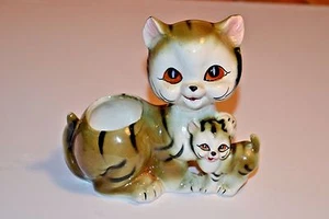 Vintage Pussy Cat Kitten Kitty Planter Green w/ Orange Eyes Japan Post War Tiger - Picture 1 of 9