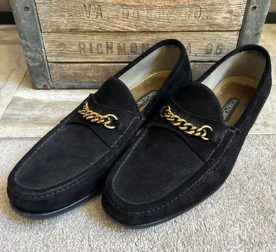 TOM FORD Hombre Mocasines Gamuza Negro Con Cadena Dorada - Talla US 12 Foto 1 de 4