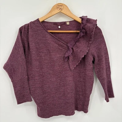 Suéter de Lana Anthropologie Tejido y Anudado, Mediano, Ciruela Volantes Asimétricos Foto 1 de 4