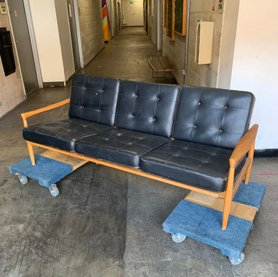 Erik Wortz Mid Century Modern Danish Oak Black Sofa Vintage - Image 1 of 4