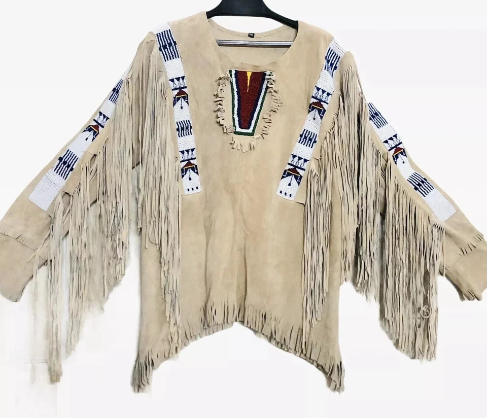 Men Native American Western Wear Suede Leather Shirt Beads Work War & Fringes - Image 1 of 2