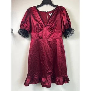 Kit+Sky Ruby Red Satin Lace Puff Sleeve Ruffle Mini Dress Women's Size L NWT - Picture 1 of 15