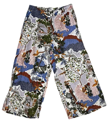 Nicole Miller Pants Womens Large Linen Wide Leg Jungle Print Pull On Elastic - Image 1 of 4