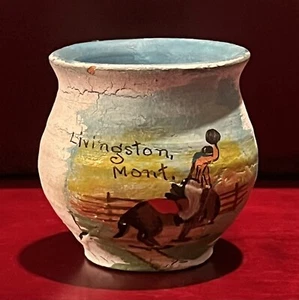 Vintage hand painted souvenir match/ toothpick holder Livingston, MT bronc rider - Picture 1 of 6