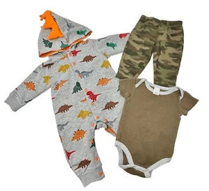 Size 6 Month - Grey Hooded Romper w/ Dinosaurs, Camo Pants, Green Bodysuit - Picture 1 of 13