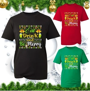 Eat Drink And Be Merry Christmas T-shirt Xmas Beer Drinking Lover Festive Top - Picture 1 of 5