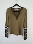 We The Free Mikah Notch Neck Top Thermal Fair Isle Sleeves Army Combo Green M