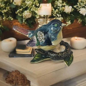 Kubla Crafts Jeweled Enameled Bluebird on Nest Mini - Trinket Box with Austrian  - Picture 1 of 9