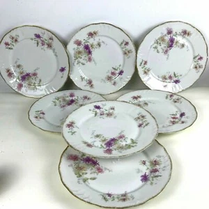 Set of 7 Limoges Luncheon Plates W/ Pink Chrysanthemum Flower Decoration  - Picture 1 of 9