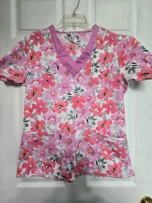 UA Scrubs Scrub Top Size M-VIBRANT Pink/Grey Floral w/3 Pocket-Chest 22.5"/L 26" - Image 1 of 4
