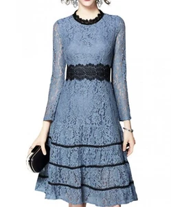 SUMMER SALE Lace Dress Blue Hollow Out Lace Swing Midi Dress Size S - Picture 1 of 4
