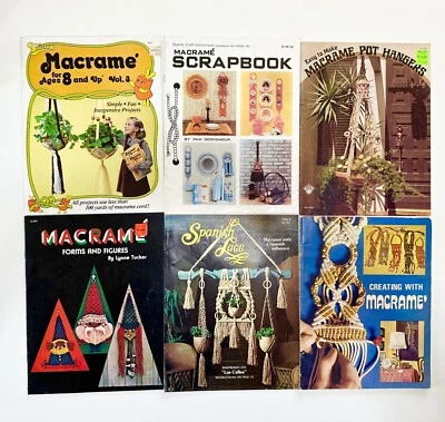 Macrame Instruction Books Lot 1970s Spanish Lace Pot Hangers Guides 6pc Vintage - Image 1 of 4