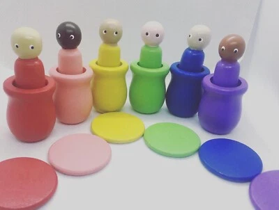 Peg doll wooden multicultural people Painted (colour matching and coins) - Image 1 of 3
