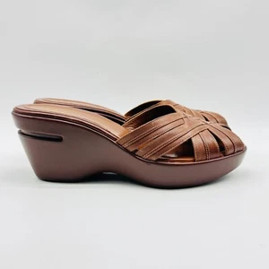 Cole Haan Shoes Womens 8.5 Brown Leather Wedge Sandals Platform Slide Vtg NEW - Picture 1 of 12
