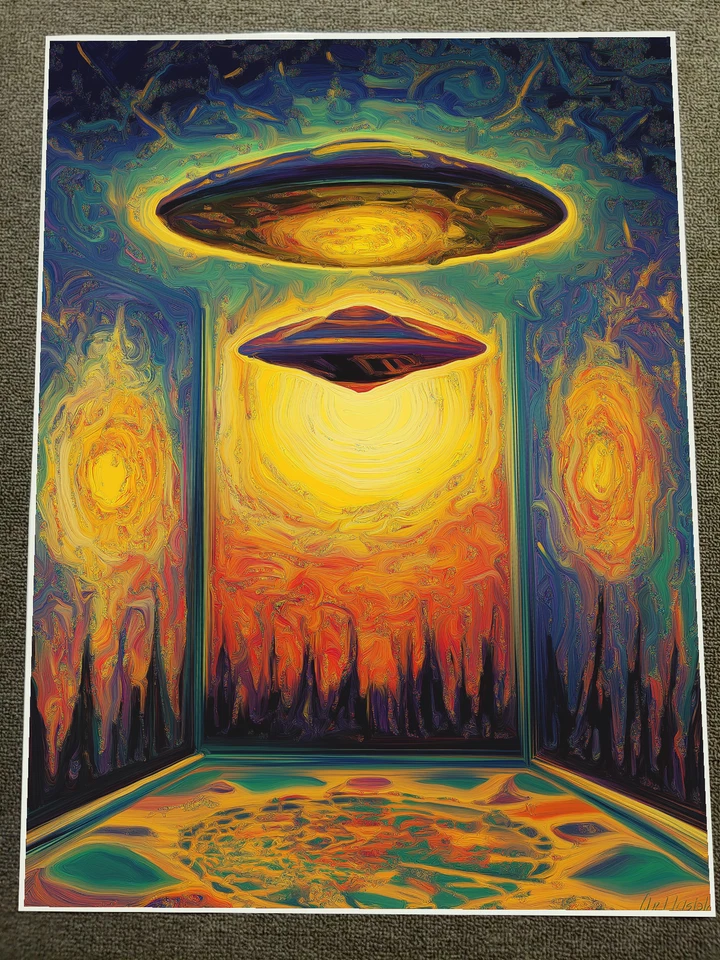 Póster abstracto de escena OVNI con cielo colorido vivo y paisaje místico 18x24 pulgadas Foto 1 de 1