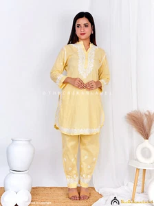 Yellow Organic Cotton Chikankari Kurta Set Lucknow Chikankari Handmade Cord Set - Picture 1 of 6