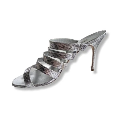 Zapatos Manolo Blahnik Plateados con Tiras de Cuero de Serpiente Sin Cordones Tacones Altos Talla 40 Foto 1 de 4