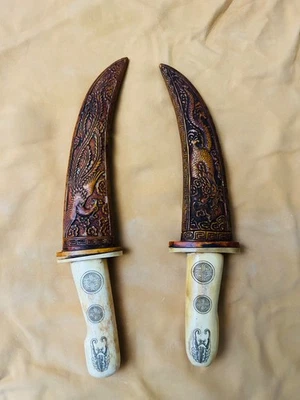 "Cuchillo daga de hueso grabado dragón chino vintage con funda hoja de 5,5""" Foto 1 de 4