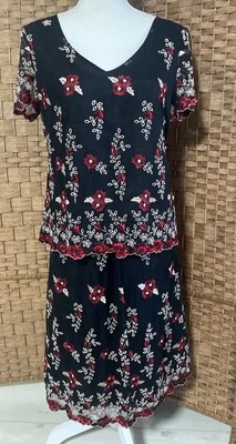 Vtg Carole Little  Skirt Blouse Set Size 10 Embroidered Overlay Western Nylon - Image 1 of 4