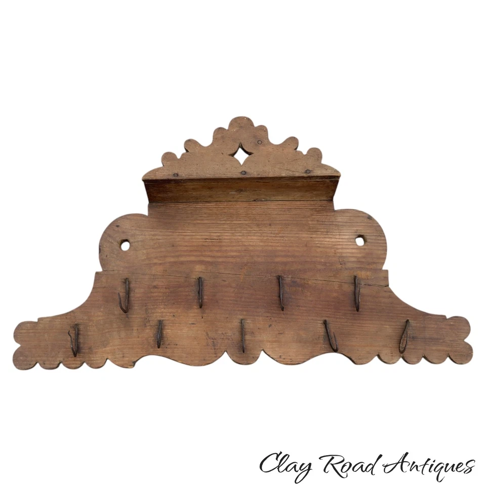 Antique game board yellow pine wrought iron hooks primitive wall hanging - Image 1 of 4