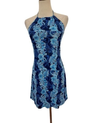 Vestido Halter Hawaiano Años 90 De Colección Mini Azul Floral Hecho en Hawaii Talla S Tiki Surf  Foto 1 de 4