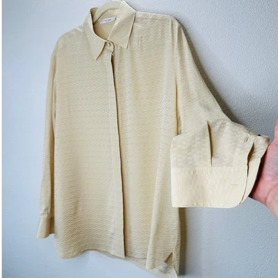 The Row Yellow Embossed Print 100% Silk Collared Button Blouse Top M - Image 1 of 4
