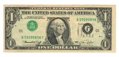 $$ DROP$1.00usd - 1974 FRN  Inverted Overprint Error Serials + Seals Upside Down - Image 1 of 3