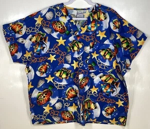 Scrub Top Damen Übergröße 2XL Tropische Fische Seesterne Muscheln Seil Blasen blau - Bild 1 von 4