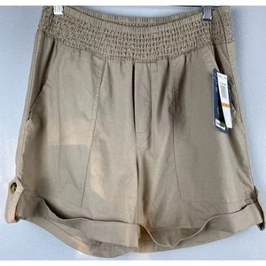 NWT Democracy Sz S Tan Hirise Cuff Tab Shirred Waist Back Pckts Linen Blnd Short - Picture 1 of 14