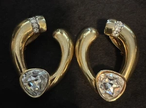 Orecchini Vintage Runway ARTIGIANALI Firmati Tono Oro Grandi Strass Clip On - Foto 1 di 9